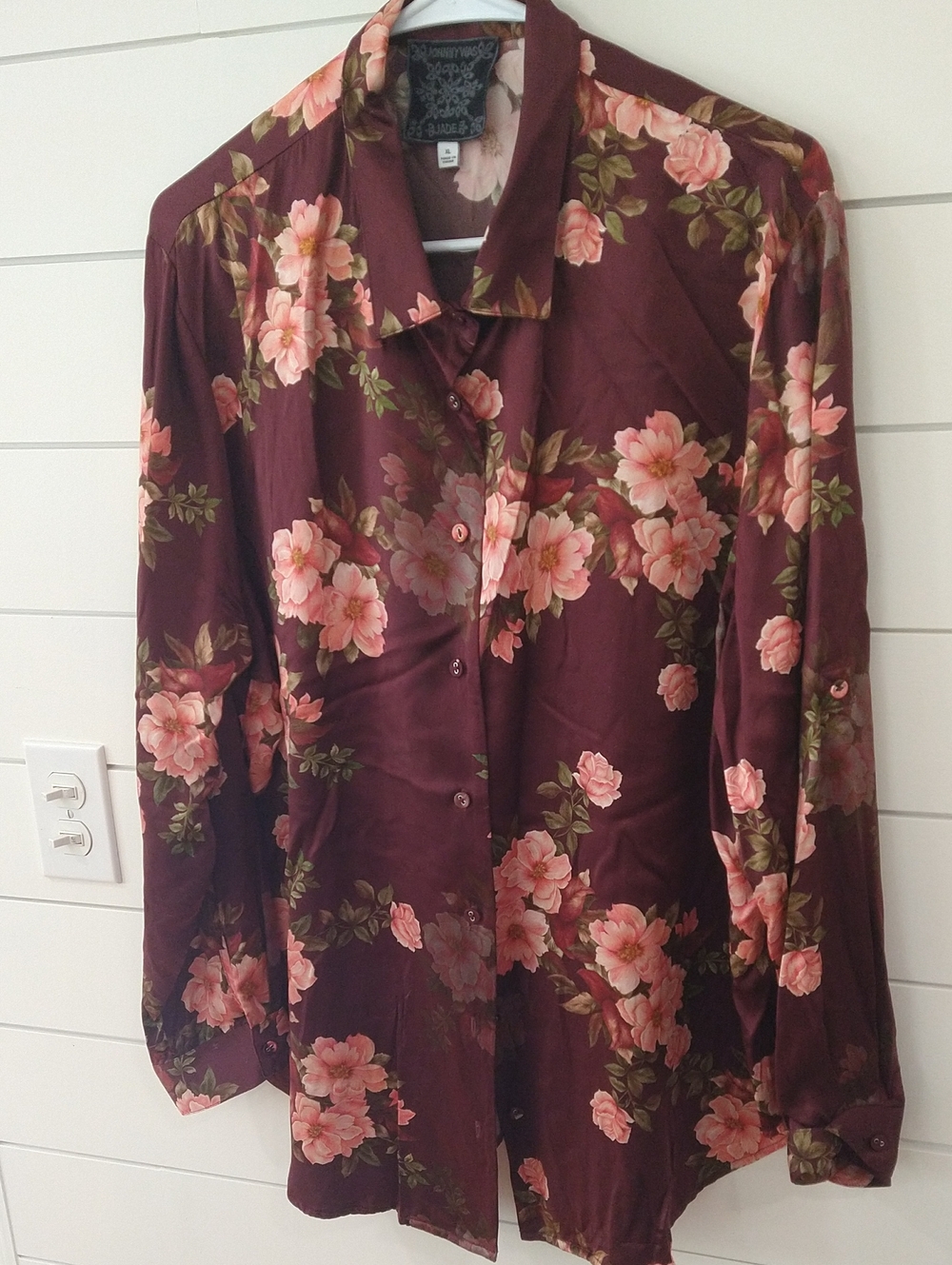 Johnny Was Burgundy Button-Down Shirt with Pink Floral Print Xl